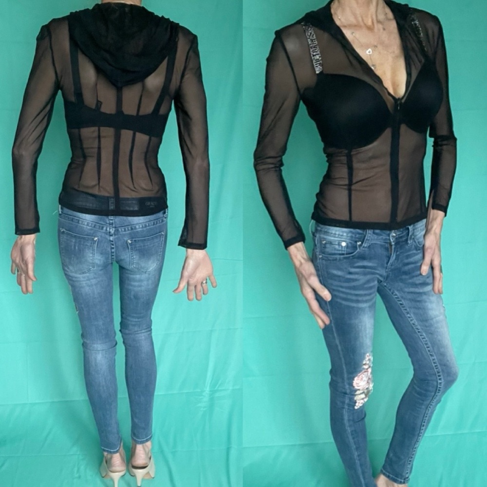 Mark Wong Nark Sheer Hooded 1/2 Zip Front Top - image 4